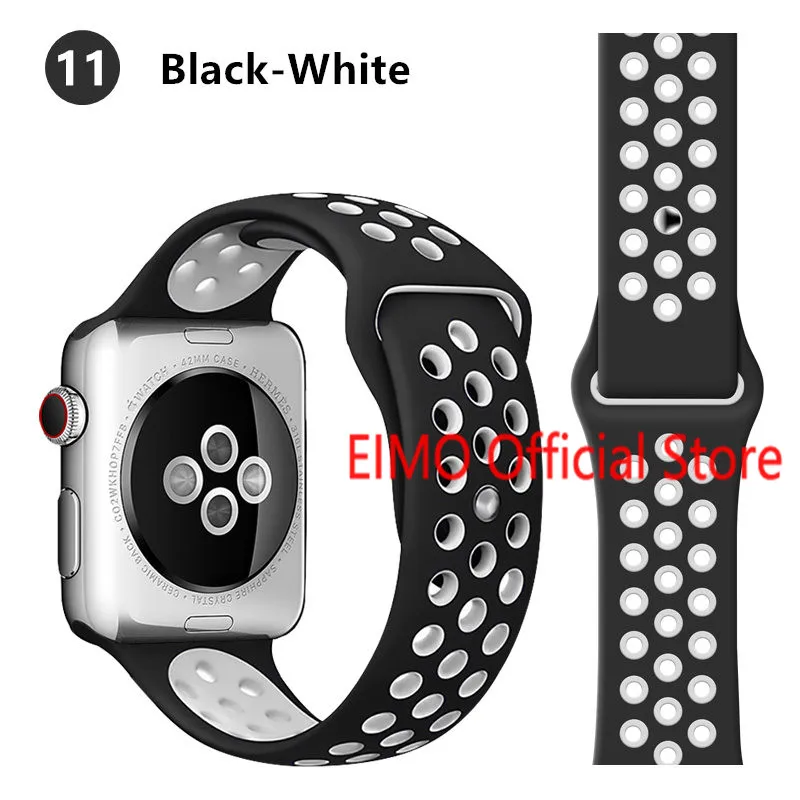 black white 11 Ремешок для Apple Watch, 44 мм, 40 мм, 42 мм, 38 мм, iwatch series 5, 4, 3, 2, 1, спортивный силиконовый браслет, ремешок для часов, аксессуары для часов - Цвет ремешка: black white 11
