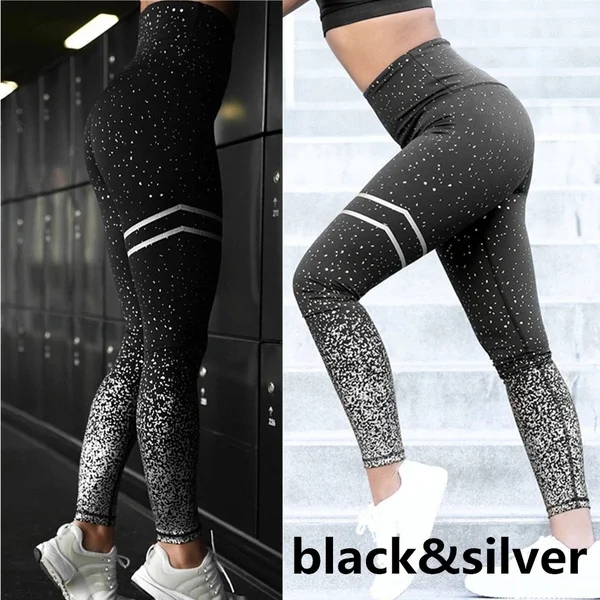 Black and Silver Штаны для спортзала и йоги, спортивная одежда для женщин, профессиональная одежда для бега для фитнеса для спорта, леггинсы, пуш-ап колготки, штаны с принтом - Цвет: Black and Silver