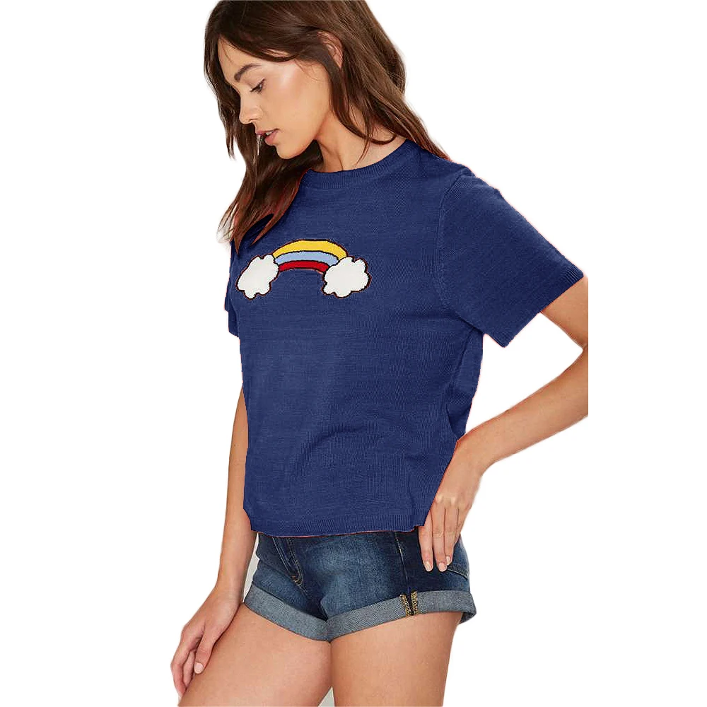 Фото RichLuLu 2017 Solid Blue Rainbow Printed T-shirts Crew Neck Short Sleeve Women Top Tees Casual Ladies T-shirt Женская одежда RichLuLu 2017 Solid Blue Rainbow Printed T-shirts Crew Neck Short Sleeve Women Top Tees Casual Ladies T-shirt Женская одежда