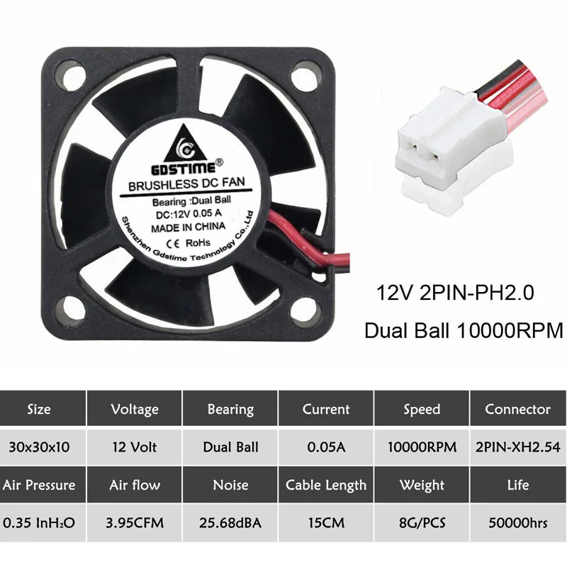12V Ball PH2.0 2 шт. Gdstime двойной шариковый подшипник постоянного тока 24 В 12 В 5 в 3 см 30 мм 30x30x10 мм 3010 Бесщеточный Мини кулер охлаждающий вентилятор - Цвет лезвия: 12V Ball PH2.0