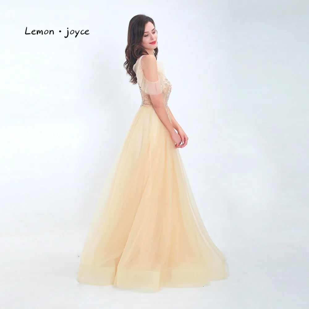 Lemonjoyce Elegant Champagne Evening Dress 2020 New Style O-Neck Top beading Illution A Line Floor Length Lady Prom Party Gown | Свадьбы и