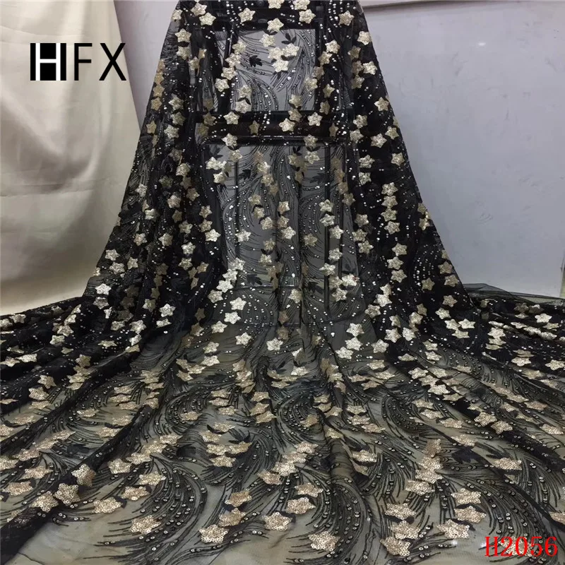 HFX африканская кружевная ткань блестящая черная/золотая вышивка с пайетками