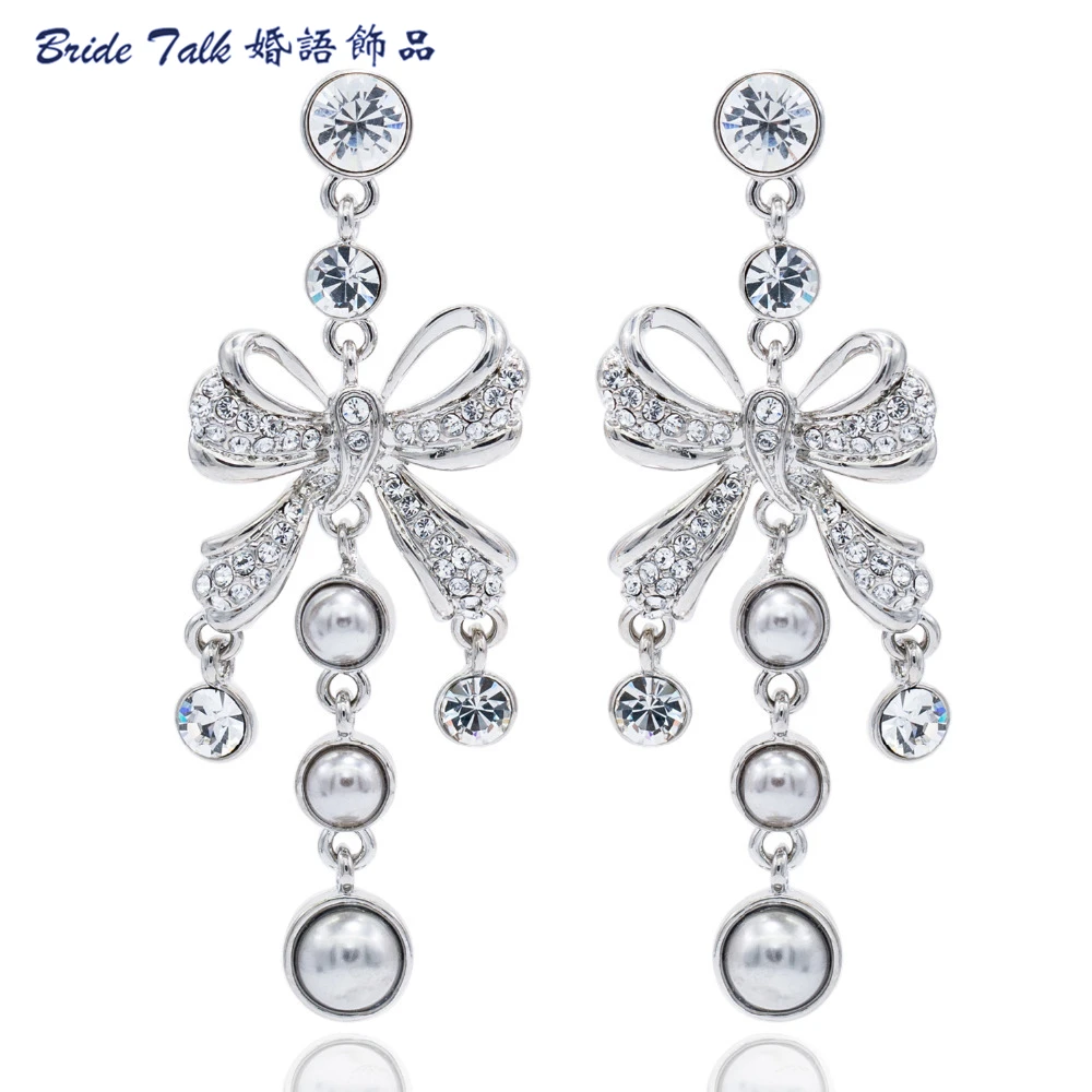 Высококачественные жемчужные серьги с австрийскими кристаллами бантом для