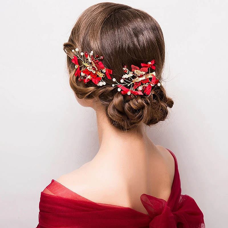 

Bridal Headwear Red Wedding Flower Butterfly Barrettes Simulated Pearl Hair Accessories Immortal Beauty Clip Fashion Handmade