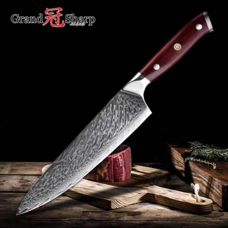 Фото Кухонный шеф-нож Grandsharp VG10 из дамасской стали диаметром 7 5 дюйма резьбовой Кухонный шеф-нож Grandsharp VG10 из дамасской стали диаметром 7 5 дюйма резьбовой