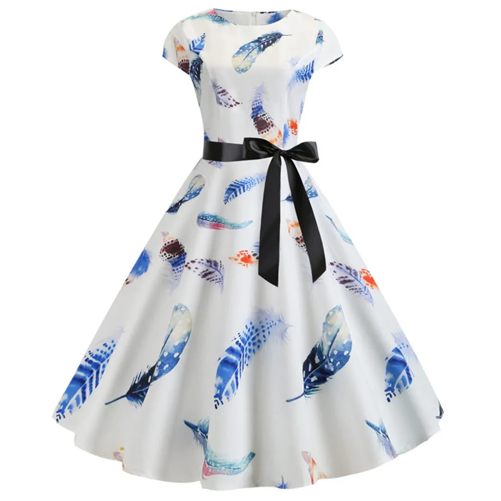 Женское винтажное ТРАПЕЦИЕВИДНОЕ ПЛАТЬЕ с коротким рукавом и круглым вырезом в