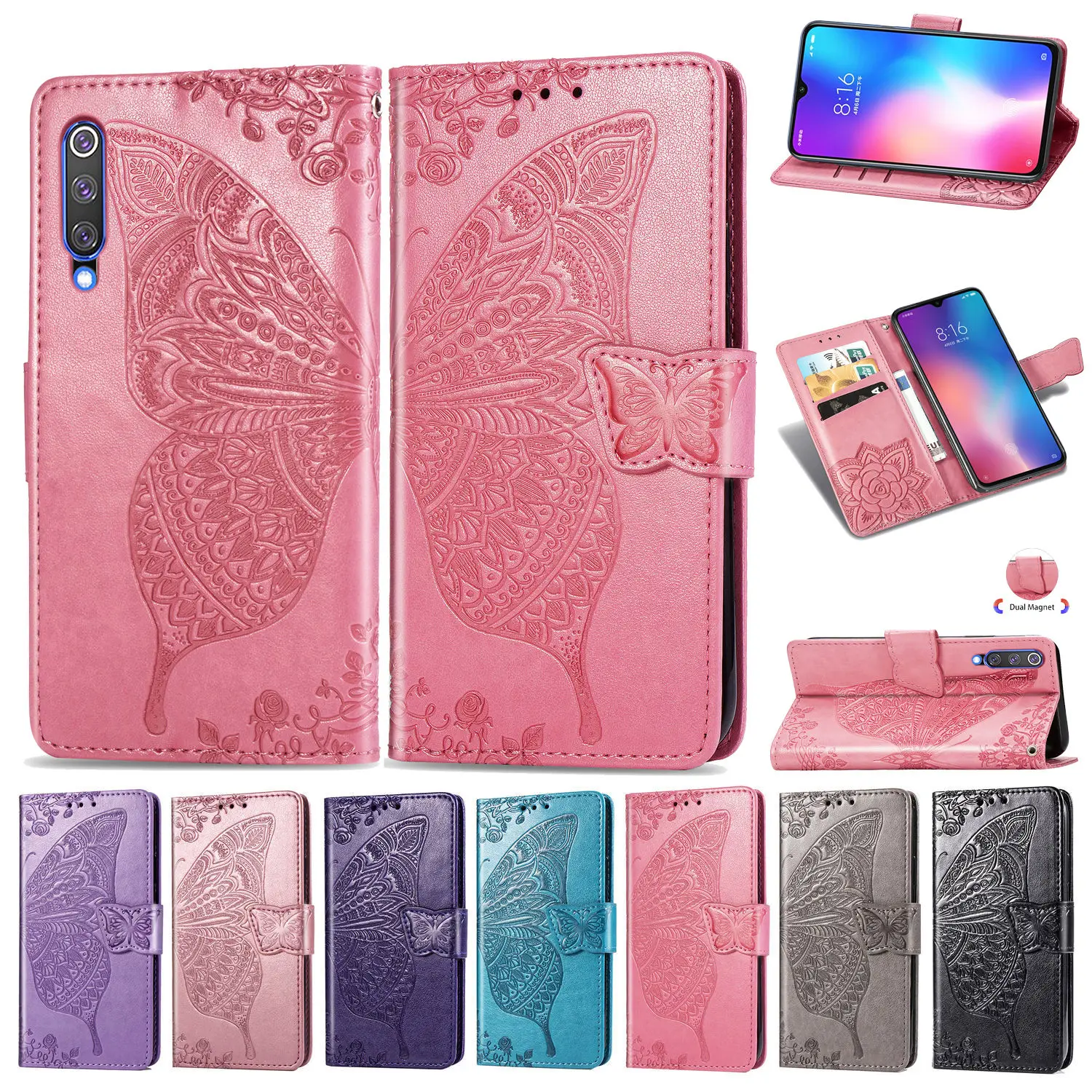 Роскошный кожаный чехол бумажник с бабочками и цветами для телефона Xiaomi MI 9 SE