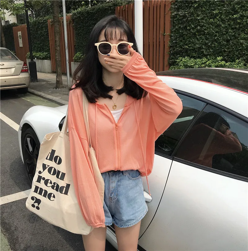 Sun protection womens clothin tide 2019 summer perspective vintage Korean loose hooded Sweaters cardigan hipster coat ladies top |
