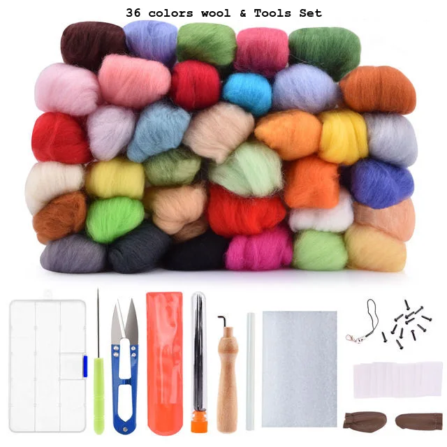 36pcs wool and tools 36/50 цветов войлочная шерсть стартовый набор DIY с инструментами, аксессуарами и швейными формочками шерстяная полоса - Цвет: 36pcs wool and tools