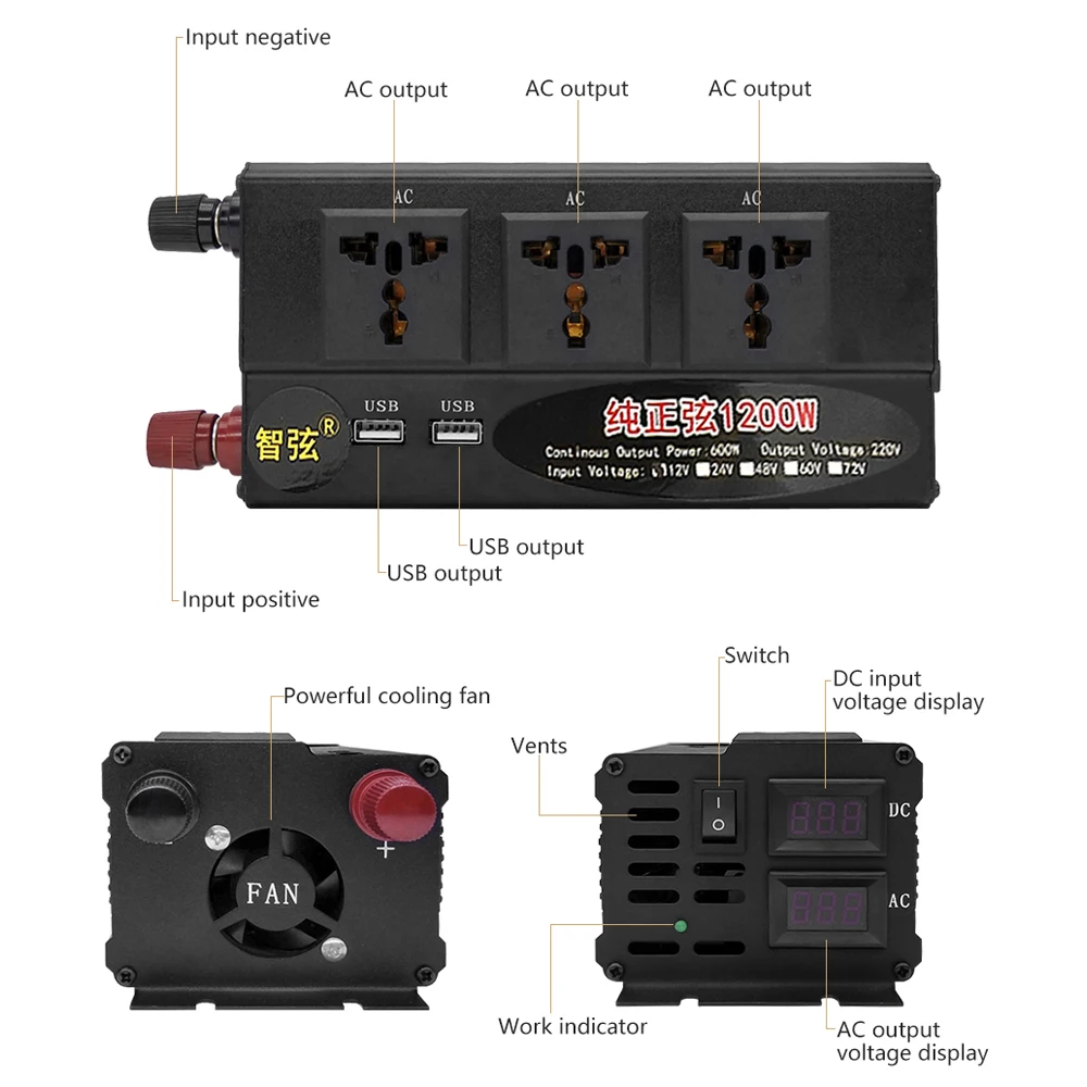 SUNYIMA 1200 Вт Чистая синусоида Инвертор DC12V/24 В/48 В к AC220V 50 Гц двойной цифровой дисплей двойной USB переключатель усилитель конвертера мощности