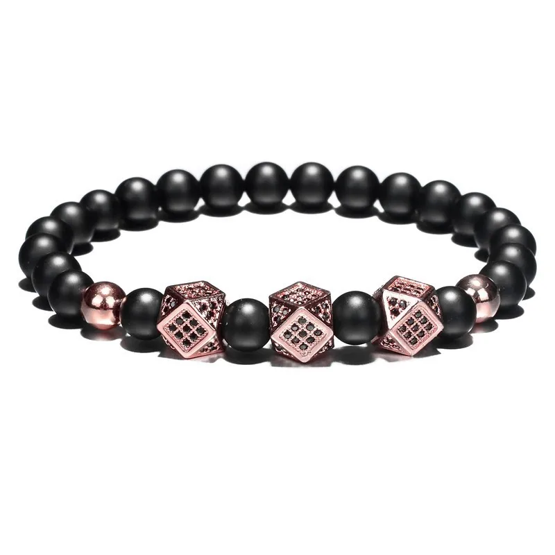 Rose Cubic Браслет с шармом с короной 6 мм черный круглый Натуральный Камень Бисер кубический Micro Pave CZ женский золотой браслет Для мужчин Pulseira Bileklik - Окраска металла: Rose Cubic