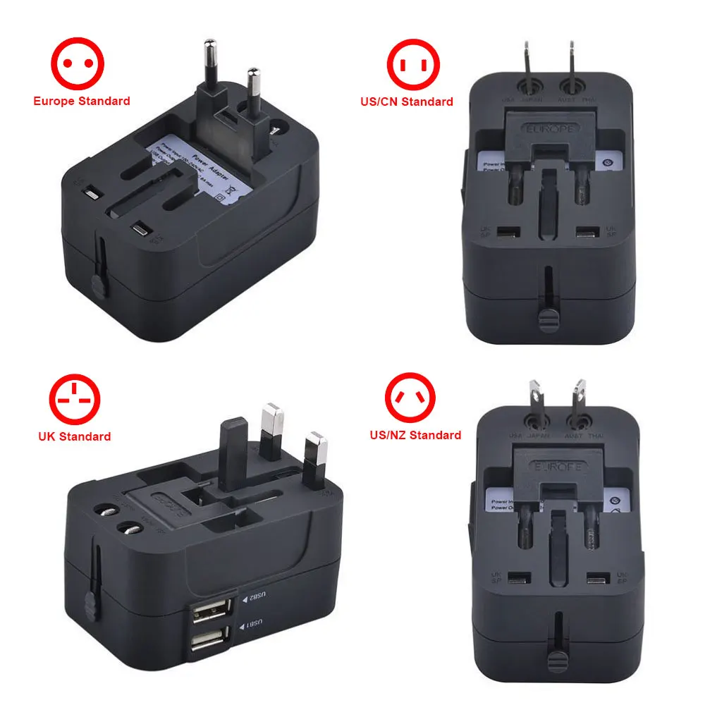 Universal Worldwide Travel Plug Adapter uk eu Adaptor Wall Socket USB Dual Charger Ports For for USA EU UK AUS Cell Phone Laptop