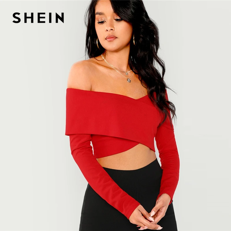 SHEIN Блузка С Открытыми Плечами На Молнии Женский Красный Весенний Сексуальный Топ С Длинными Рукавами