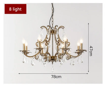8 light Кантри кантри Люстра для гостиной, столовой, роскошная хрустальная лампа, ретро свеча, светильник для спальни, атмосфера, Хрустальная люстра - Цвет абажура: 8 light