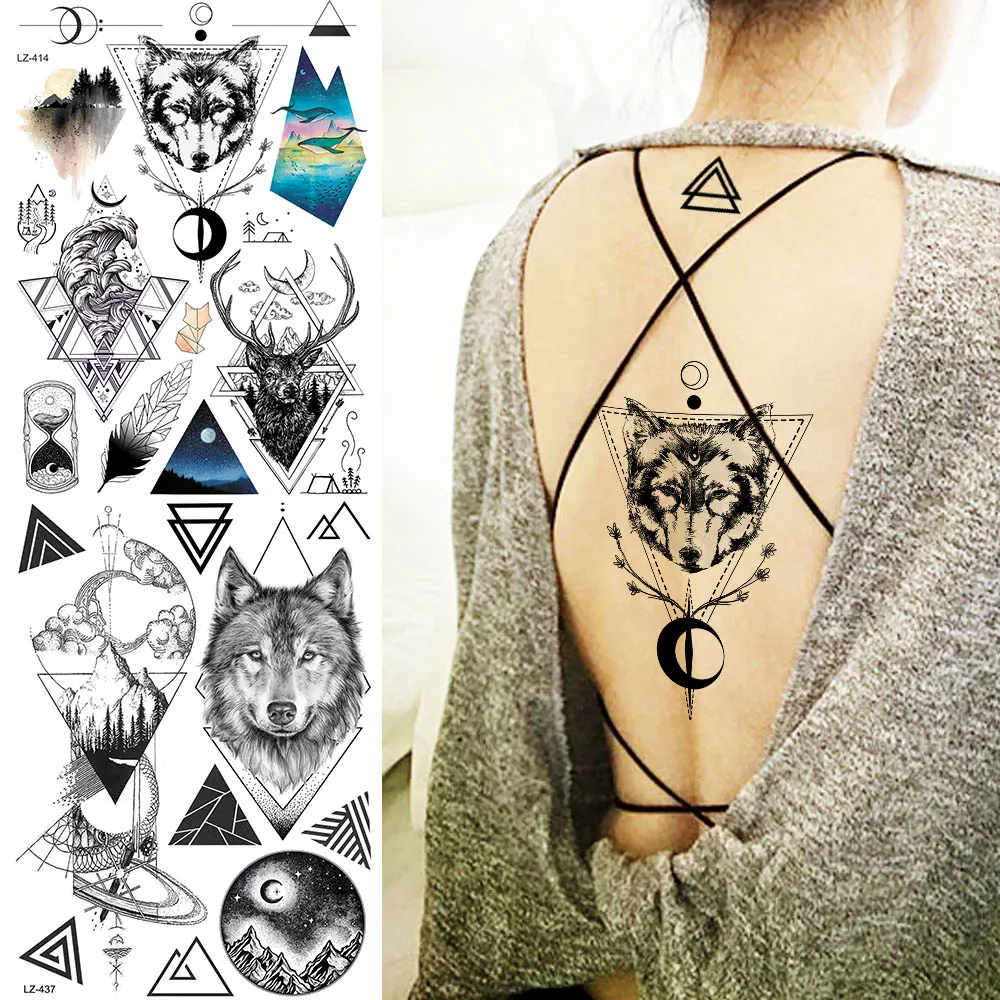 

Geometric Sketch Wolf Waves Temporary Tattoos Stickers Fake Waterproof Women Men Tattoo Body Neck Arm Moon Custom Tatoos Foream