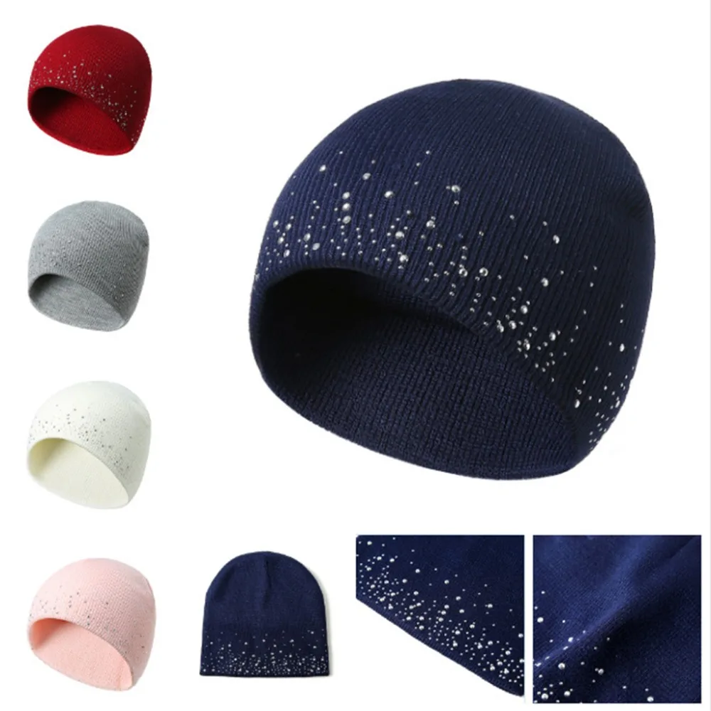 Womens Knitted Beanie Hat Rhinestones Winter Warmer Ski Slouchy Caps Solid Color | Аксессуары для одежды