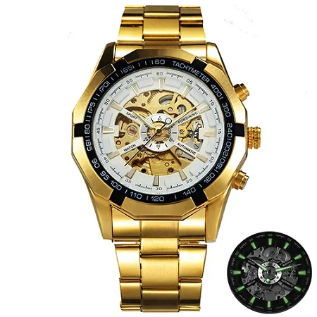 Golden White Лучший бренд класса люкс ПОБЕДИТЕЛЬ Мужские часы с изображением скелета автоматические механические золотистые часы-скелетоны Винтаж человек часы Для мужчин s часы Forsining - Цвет: Golden White