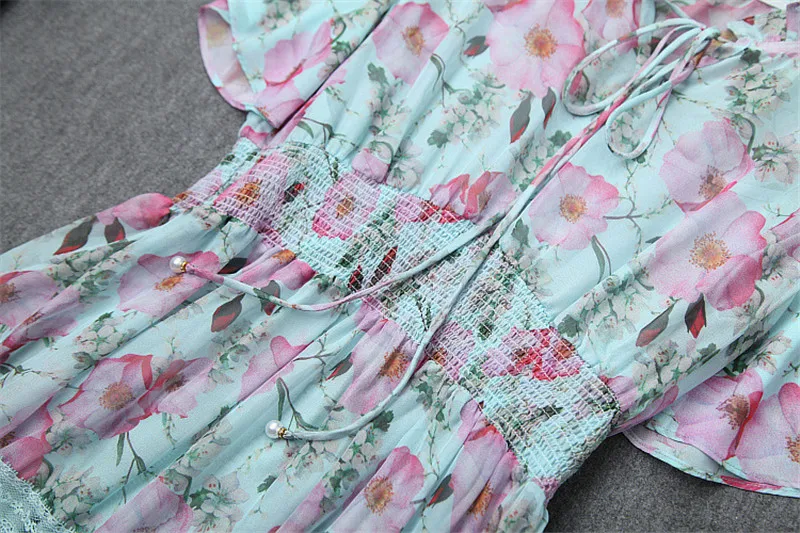 Летние женские платья, новинка, дизайнерские, модные, короткий рукав, эластичная талия, цветочный принт, миди, шифон, праздничное, Пляжное, бохо платье