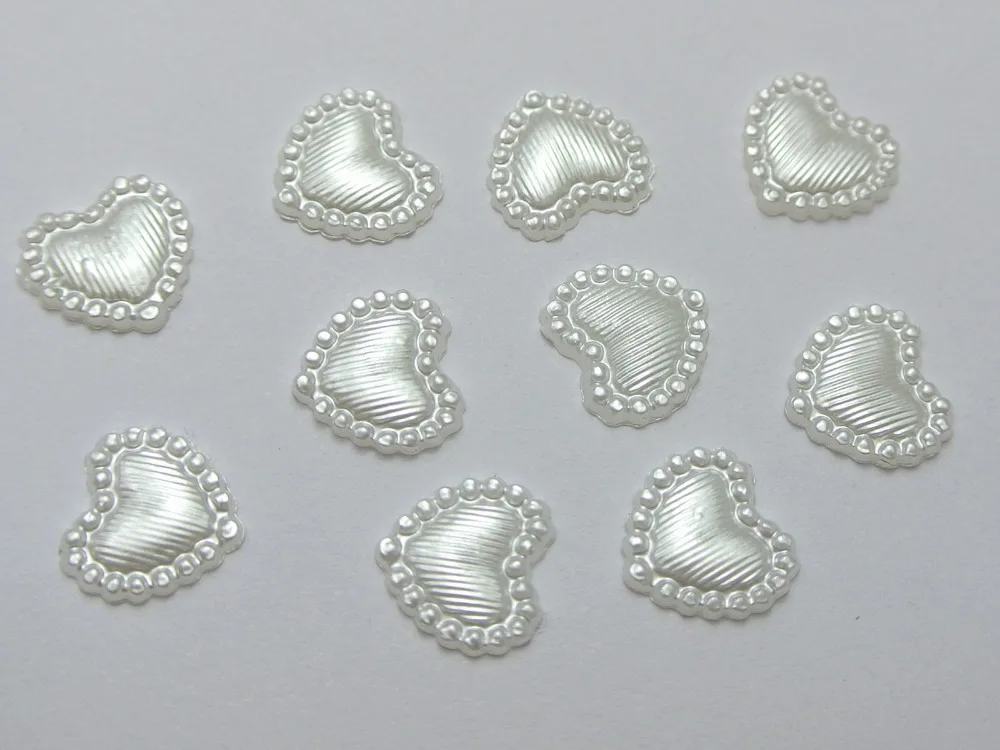 

200 Ivory Acrylic Half Pearl Heart Flatback Beads 10mm No Hole Ribbon Pattern