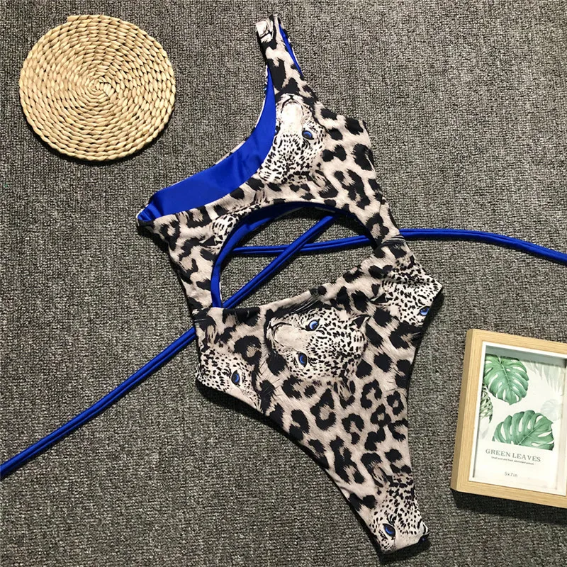 Женский купальник на одно плечо с леопардовым принтом летний бандажный