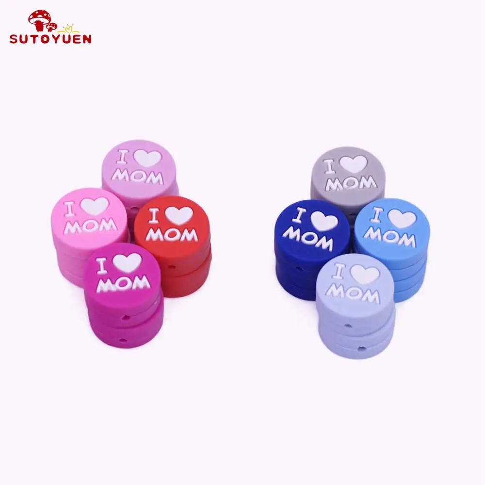5 шт. плоские круглые силиконовые бусины BPA Free I Love MOM and DAD Детская жевательная
