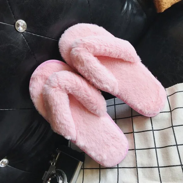 Pink Shoes Зимние тапочки; женские Вьетнамки; домашние тапочки; теплые слипоны; женская повседневная обувь на плоской подошве; меховые женские шлепанцы; домашние тапочки размера плюс - Цвет: Pink Shoes