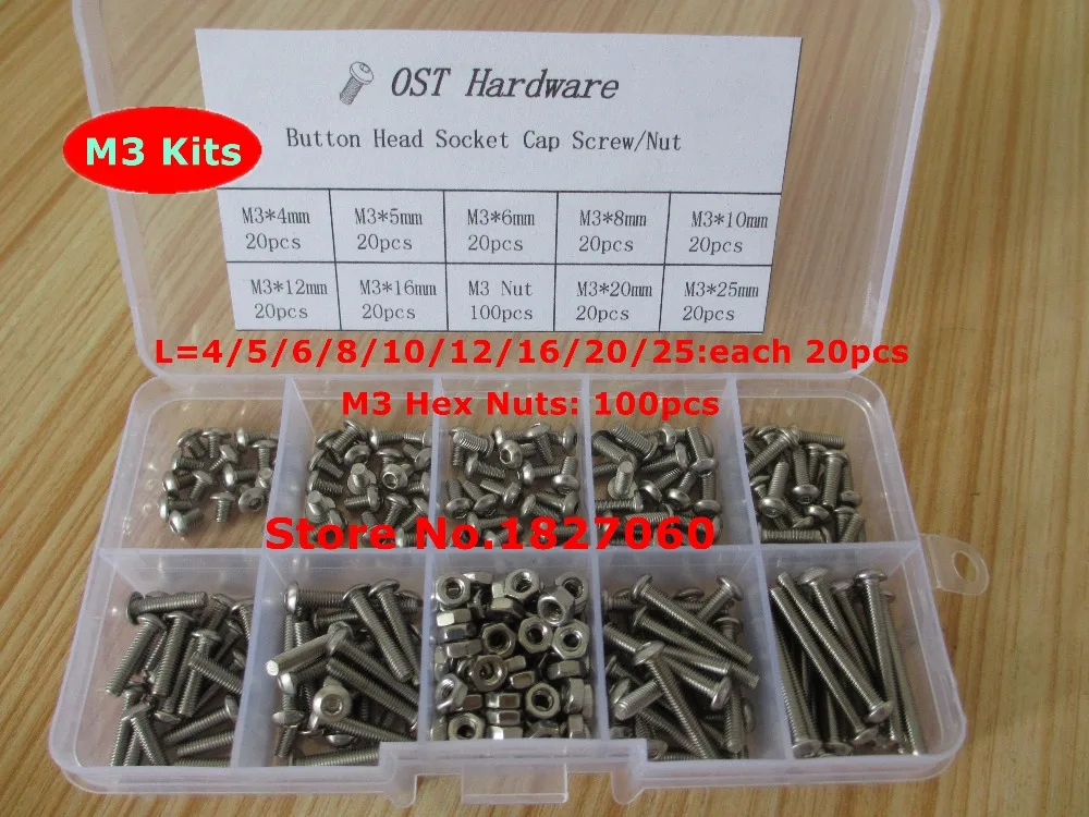 

280pcs M2 M2.5 M3 Screw Kits ISO7380 Allen Bolts Button Head Hex Socket Cap Screw with Hex Nut Assortment Kit