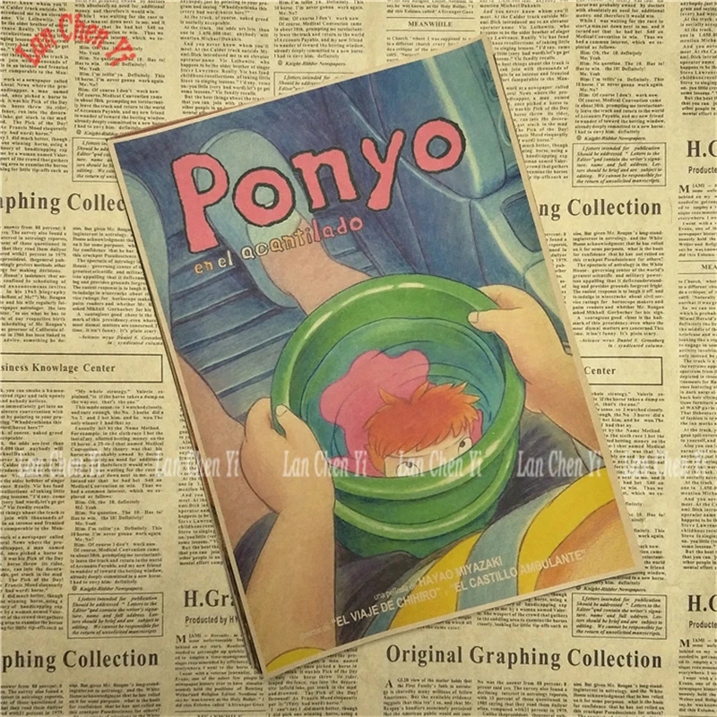 Ponyo на скале Хаяо Миядзаки мультфильм фильм крафт бумага Плакат Бар Кафе гостиная столовая детская комната декоративные картины - Цвет: Синий