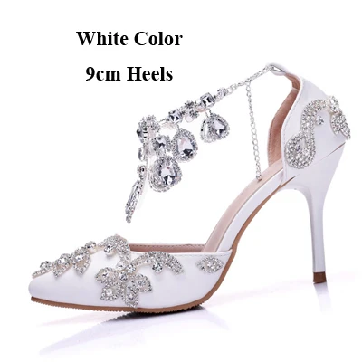 White 9cm Heels Женские туфли-лодочки с острым носком; Летние босоножки с ремешком на щиколотке; красивый камень; Свадебная обувь со стразами; обувь для мамы невесты; размер 42 - Цвет: White 9cm Heels