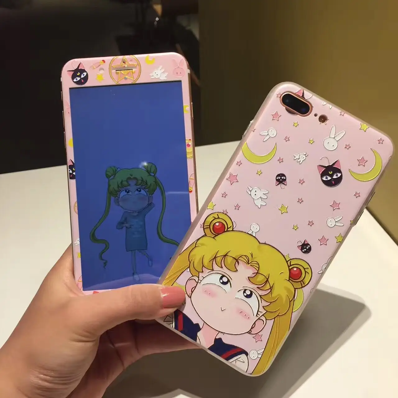 Чехол с принтом "Сейлор Мун"+ Защитная пленка для экрана для iphone 8 plus милый мультяшный розовый мягкий чехол для девочки для iphone 7 plus 6 6s стеклянная пленка чехол