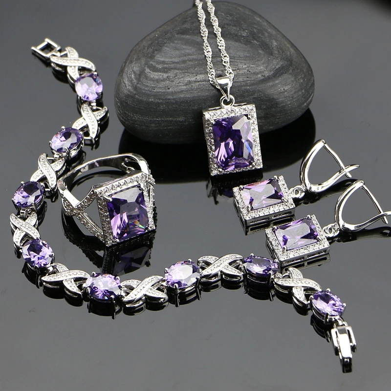 

Square 925 Sterling Silver Purple CZ White Zircon Jewelry Sets For Women Wedding Bracelet/Pendant/Necklace/Earrings/Ring