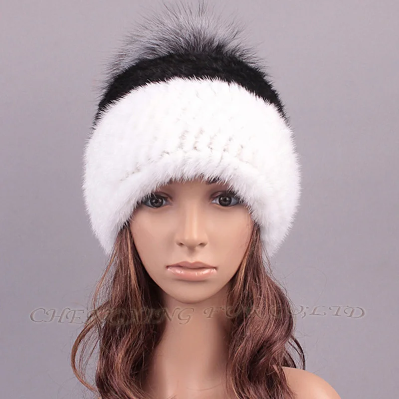 Женская модная шапка из натурального меха норки с помпоном лисьего меха|fashion hat|hat