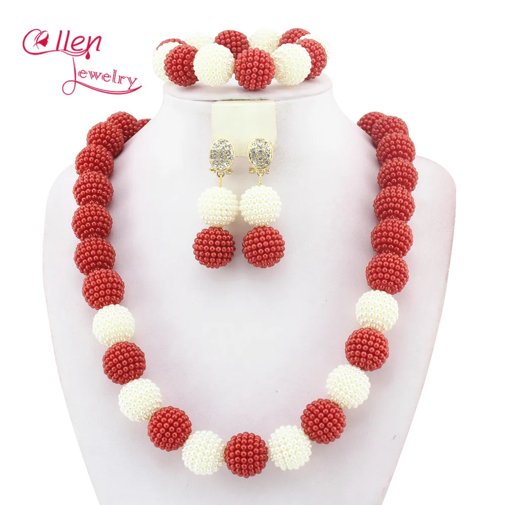 Красный/белый нигерийский Свадебный Комплект бижутерии из бисера комплект Дубая
