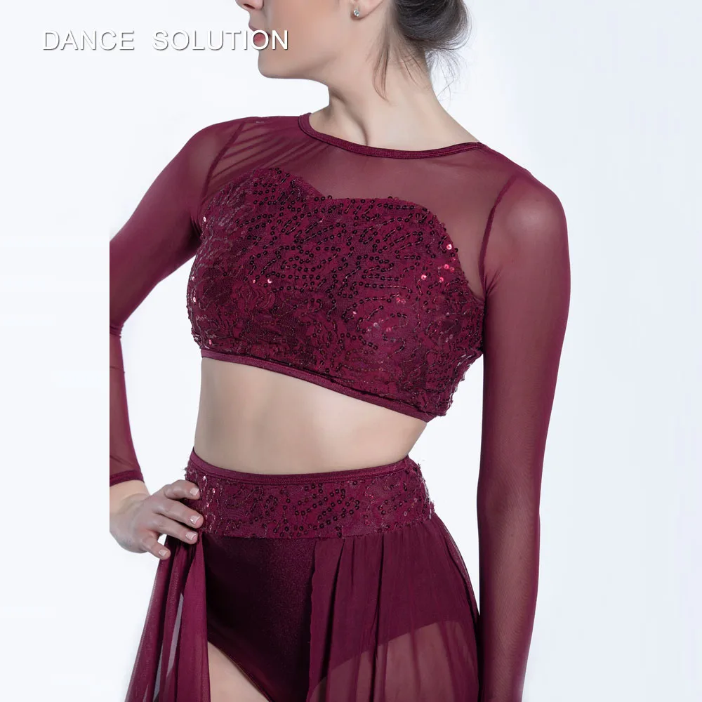 19600 Burgundy Sequin Crop Top with Shorts Attached Skirt Girl &amp Woman Contemporary Dance Dress Dancer Stage Performance Costume |