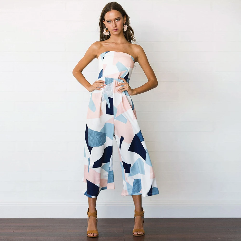 MisShow повседневное Boho лоскутное широкие брюки комбинезон летние каникулы без