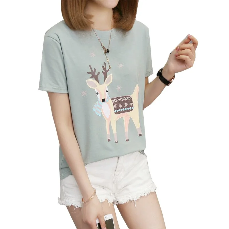 New Women T Shirt Cartoon Fawn O-Neck Tops Tees Summer Female T-Shirt Deer Print Fashion Ladies Funny Clothes Plus Size M-5XL | Женская