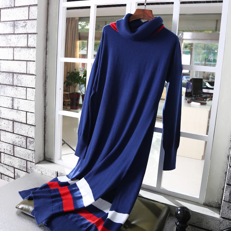 Autumn Winter women Full Sleeve High collar Knit sweater Dress female Loose Split Stripes Womens long Sweaters | Женская одежда