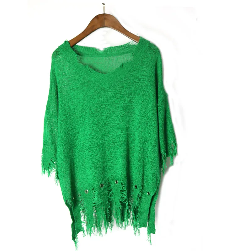 Women's Loose Hole Sweater Hollow out Asymetric Hem Knitted V neck Long Sleeve Thin Tops | Женская одежда