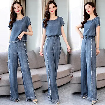 

Womens Denim Suits Summer Korean Short Sleeve Tops Tassel Wide Leg Pants Fashion 2 Set Woman Elegant Suit Women Clothes