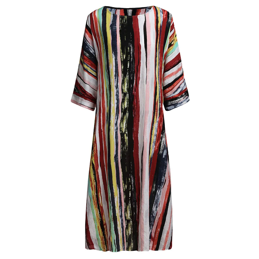 Женское длинное льняное платье-кафтан в разноцветную полоску повседневное