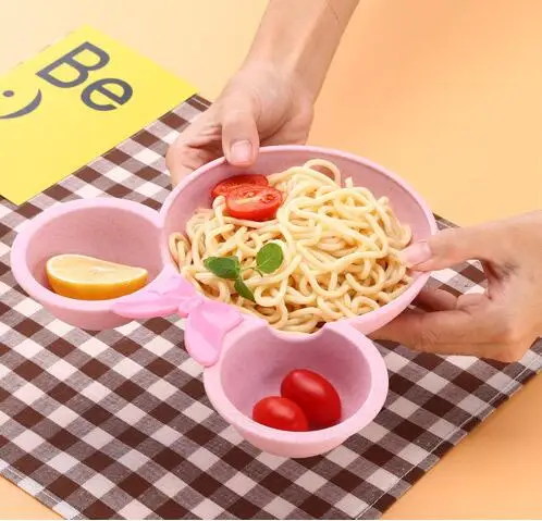 Pink Tableware Set Миска из пшеничной соломы для малышей, набор соломенной посуды с рисунком Минни Маус, тарелки для кормления детей, тренировочная миска для малышей - Цвет: Pink Tableware Set