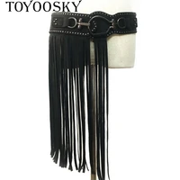 fashion punk long tassel fringe belt for women rivet wide hook up buckle elastic belt black round buckle ladies corset belt