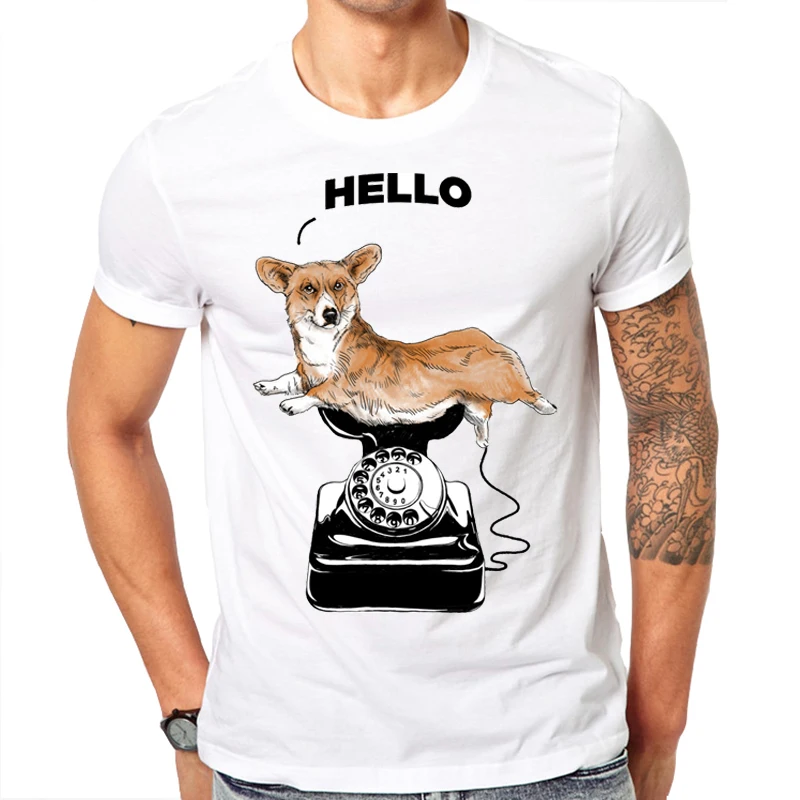 Мужская футболка с принтом Hello Corgi белая коротким рукавом лето 2019|designer mens t shirts|mens