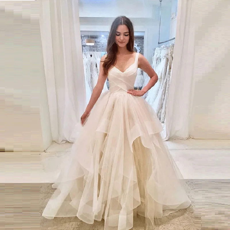 

V Neck Sleeveless Wedding Dresses Simple Tulle Vestido De Noiva Robe De Mariage Dresses Married White Bridal Gown