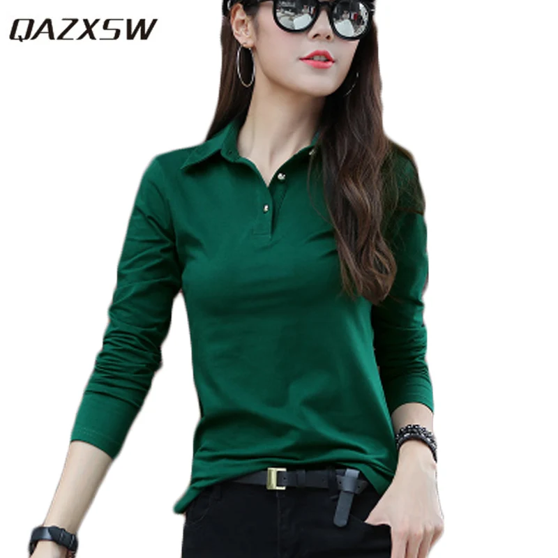 

QAZXSW 2018 New Spring Women Shirt Plus Size Teenager Girl Pullover Solid Slim Long Sleeve Turn Down Collar Ladies Shirts HB564
