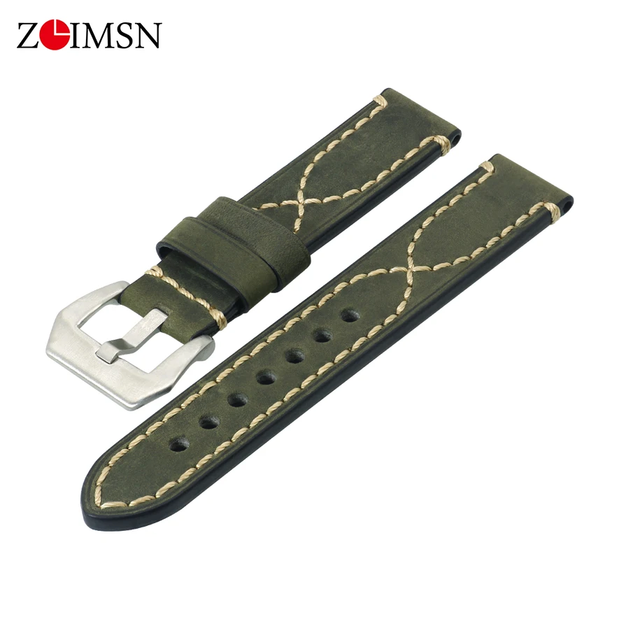 Green ZLIMSN винтажные ремешки для часов из коровьей кожи, удлиняющие большие наручные часы, ремешок 20 мм, 22 мм, 24 мм, 26 мм для Panerai Fossil - Цвет ремешка: Green