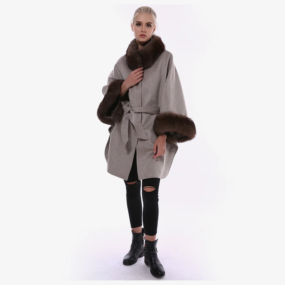 JEPLUDA Женское Пальто Натуральный Мех Лиса Pоскошный Меховой Воротник и Рукава Plus Size Свободные Стиль Кашемировая Куртка Женская с Натуральным Мехом Высокое Содержание Щерсть Пальто Женское Зимнее Большой Pазмер
