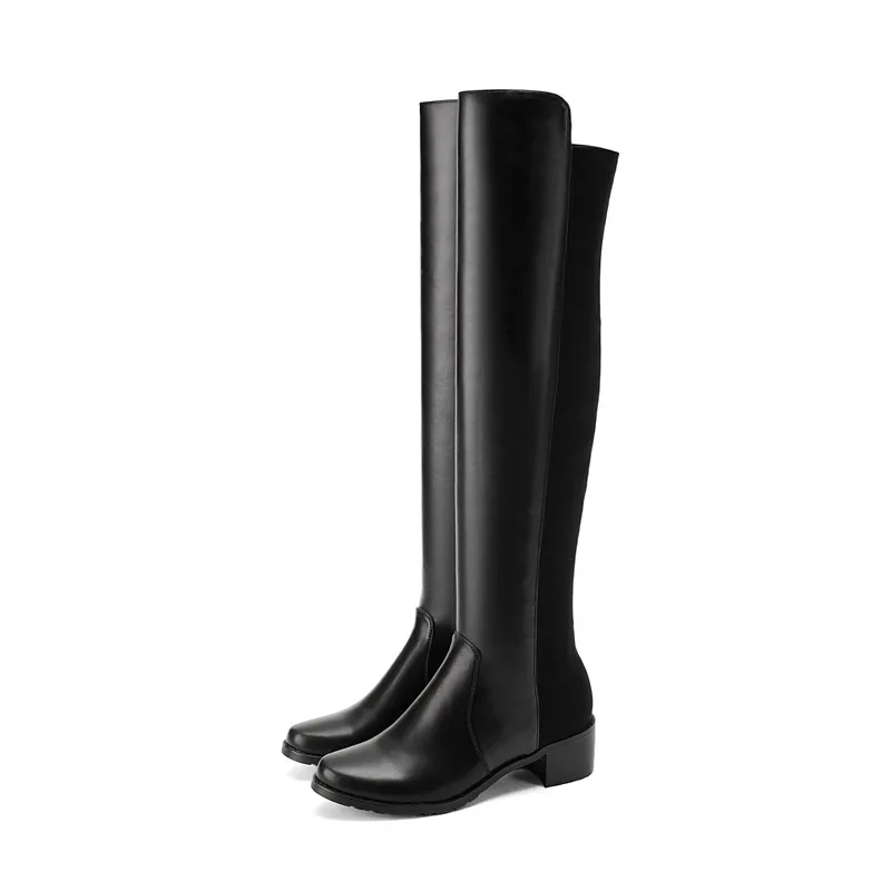 Smirnova black fashion autumn winter boots women round toe knee high med heels stretch fabric+cow leather big size | Обувь