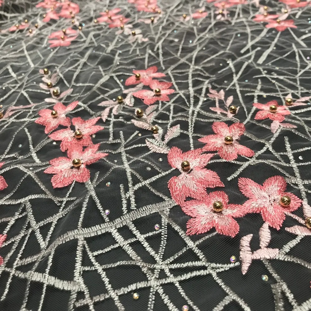 2018 африканская розовая кружевная ткань Бисерное Кружево \ французский Тюль