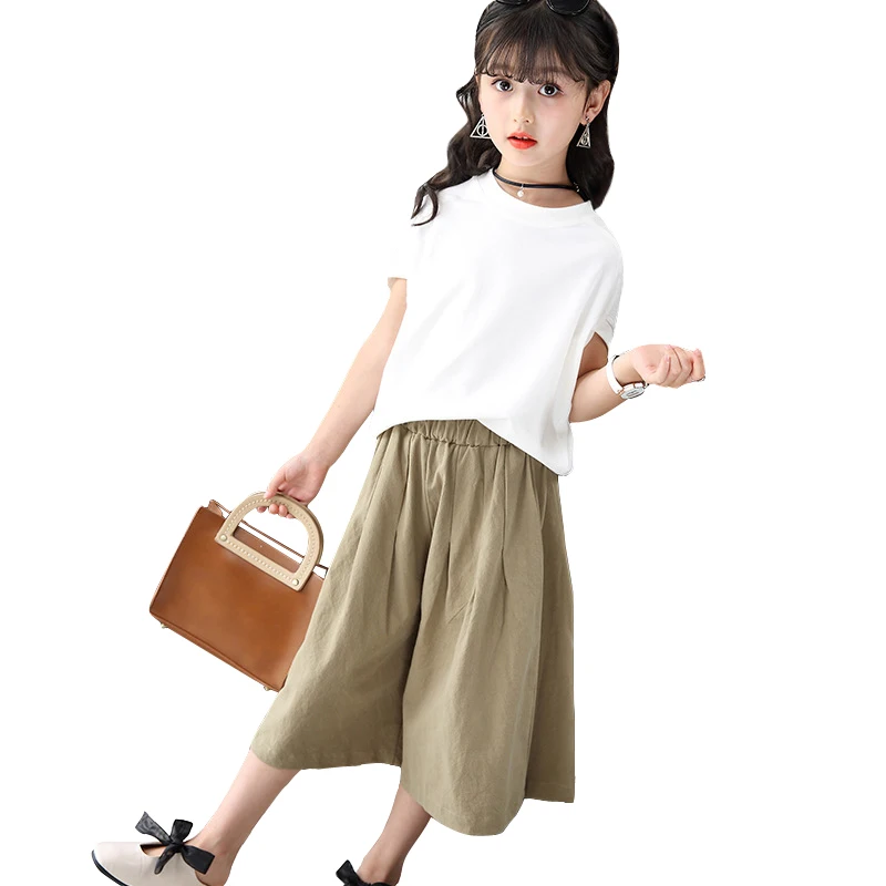

summer kids clothes for 4 - 16 yrs children cotton 2pcs sets white shirt+loose pants teenagers girls simple school style outfits